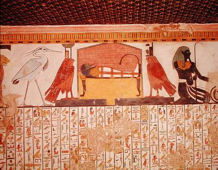 Mummy on a funeral bed with various divinites, from the Tomb of Nefertari, New kingdom de Egyptian