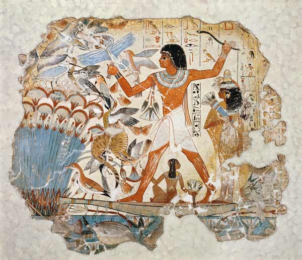 Nebamun hunting in the marshes with his wife an daughter, part of a wall painting from the tomb-chap de Egyptian