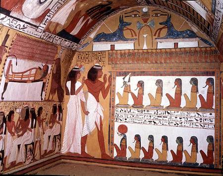 Sennedjem and his wife facing a naos containing twelve divinities, from the west wall of the Tomb of de Egyptian