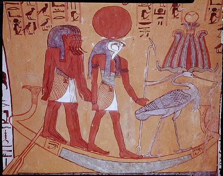 Solar barque with Re-Horakhty, the benu bird and four other deities, from the Tomb of Sennedjem, The de Egyptian