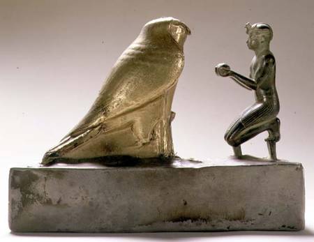 Statue of King Taharqa worshipping the falcon-god Hemen, Egyptian, Third Intermediate Period (gold, de Egyptian