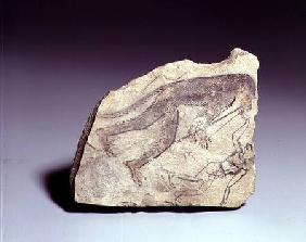 Ostracon with a figure of a monkey playing a flute, New Kingdom