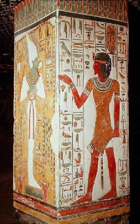 Pillar depicting Osiris and a priest wearing a panther skin, from the Tomb of Nefertari, New Kingdom