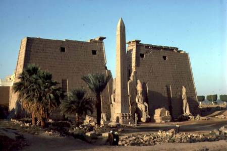 View of the North East facade of the Temple with the pylon and obelisk, New Kingdom de Egyptian