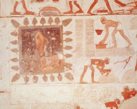 Wall painting depicting two men collecting water from a square lake surrounded by trees and slaves m de Egyptian