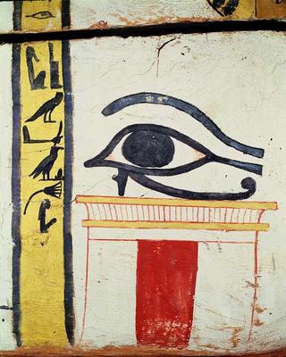 Wedjat Eye, detail from the sarcophagus cover of the Lady of Madja, New Kingdom, c.1450 BC (painted de Egyptian 18th Dynasty