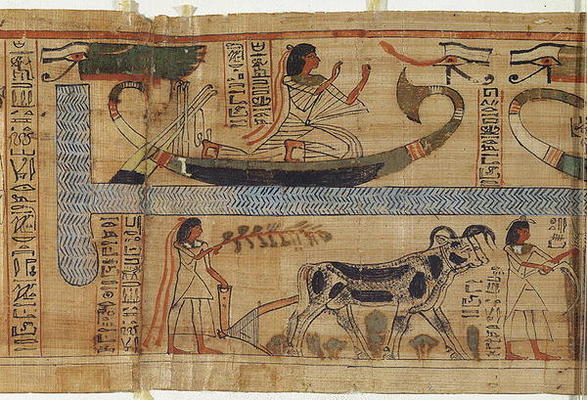 Detail from the Book of the Dead of the priest Aha-Mer depicting a barque and a farming scene, Third de Egyptian 21st Dynasty