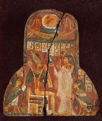 Lid of the coffin of the singer, Toarnemiherti, showing the deceased offering incense to Osiris enth de Egyptian 21st Dynasty