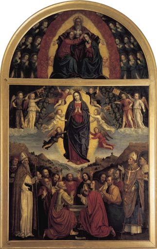 Himmelfahrt Mariae mit den Heiligen Ambrosius, Augustinus, Gervasius und Prothasius de eigentl. Ambrogio da Fossano um Bergognone