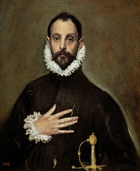 Un hombre noble con su mano en su pecho de (Dominikos Theotokopulos) El Greco