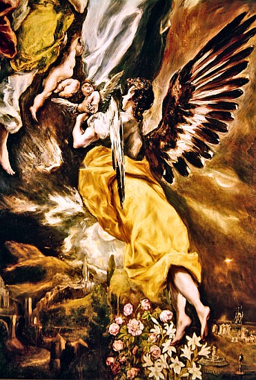 The Immaculate Conception (detail of angel, flowers, Marian attributes and Toledo) 1607-13 (see also de (Dominikos Theotokopulos) El Greco