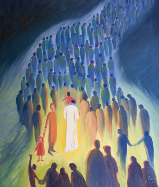 Christ walks amongst his people, with the pilgrims and the sick ones, a child on His shoulders de Elizabeth  Wang