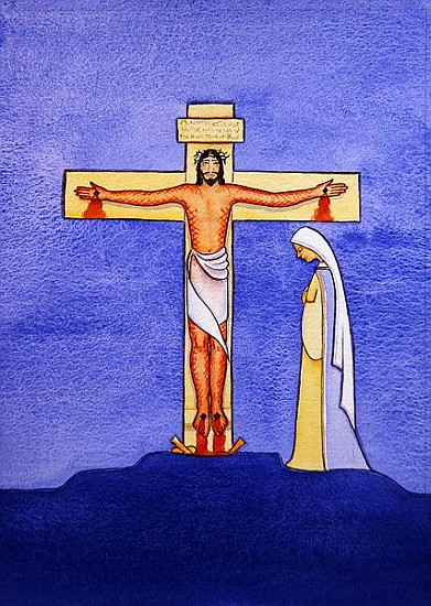 Mary stands by the Cross as Jesus offers His life in Sacrifice, 2005 (w/c on paper)  de Elizabeth  Wang