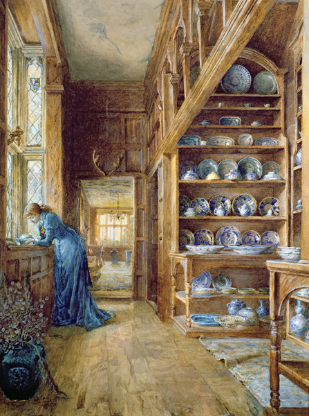 Interior of a panelled house with a collection of Imari and Blue and White Porcelain de Ellen Clacy