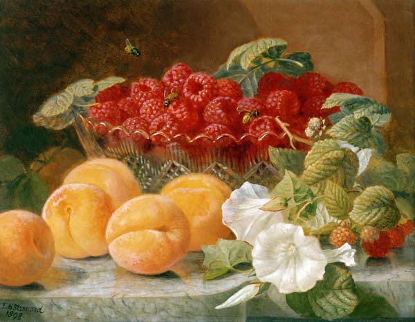 Bowl of raspberries and peaches de Eloise Harriet Stannard
