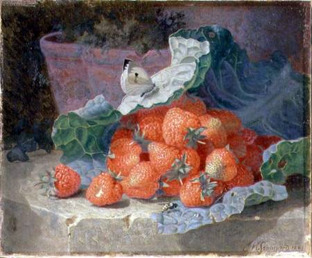 Strawberries in a Cabbage Leaf with a Flower Pot Behind de Eloise Harriet Stannard