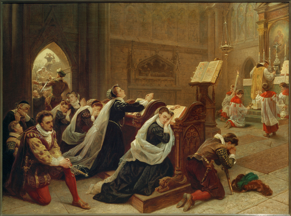 Maria Stuart nach ihrer Rückkehr aus Frankreich in Hollyroodhouse die erste Messe hörend. de Emanuel Leutze