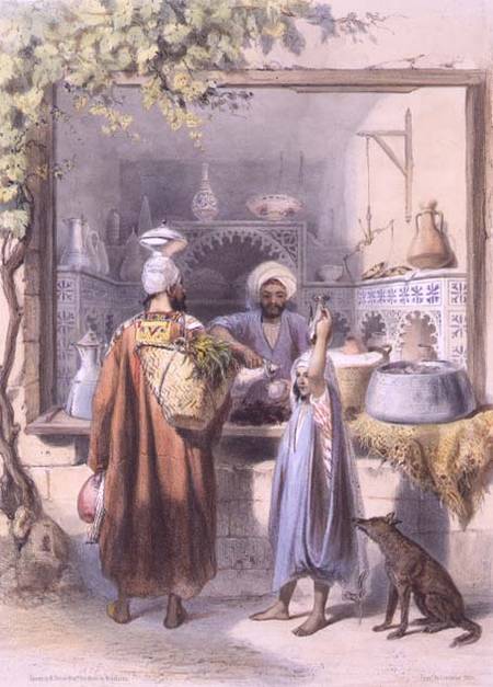 A Zeyat or Oil Seller with Customers in his Shop in Cairo, illustration from 'The Valley of the Nile de Emile Prisse d'Avennes