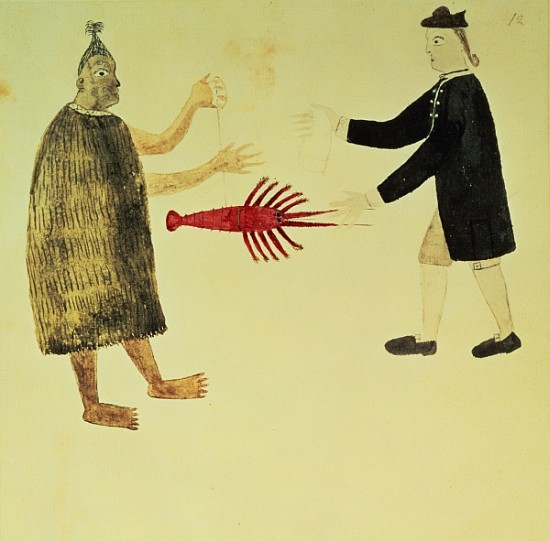A Maori bartering a crayfish with an English naval officer, from a series of drawings illustrative o de English School