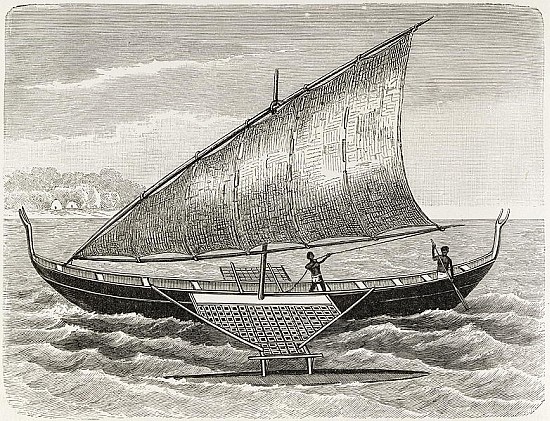 Boat of the Mortlock Islands, with outrigger and sail of rush-matting, from ''The History of Mankind de English School