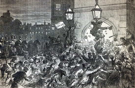 Bread Riot at the entrance to the House of Commons in 1815 de English School