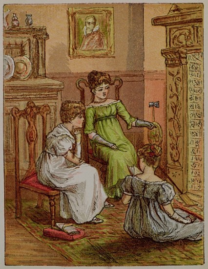 Card depicting a fireside scene de English School