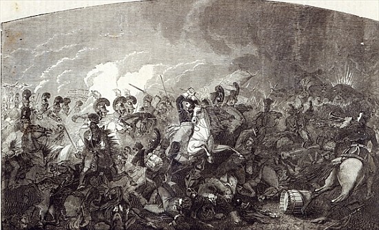 Charge of Lord Somerset''s Heavy Brigade at Waterloo, and total rout of the French Army, illustratio de English School