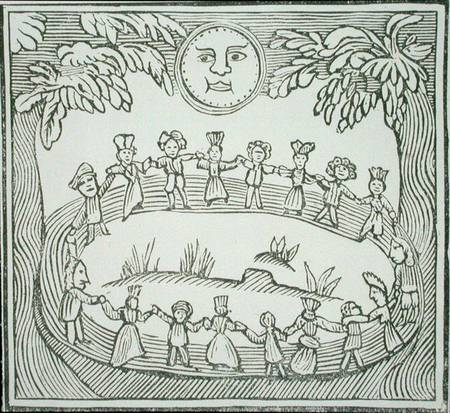 Circle of Witches Dancing Beneath a Full Moon, illustration from a collection of chapbooks on esoter de English School
