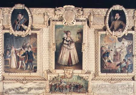 Collection of six miniatures depicting Queen Elizabeth I, figures and scenes from her life de English School
