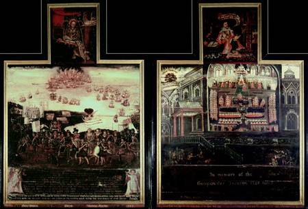 Diptych depicting the Arrival of Queen Elizabeth I (1530-1603) at Tilbury, the Defeat of the Spanish de English School
