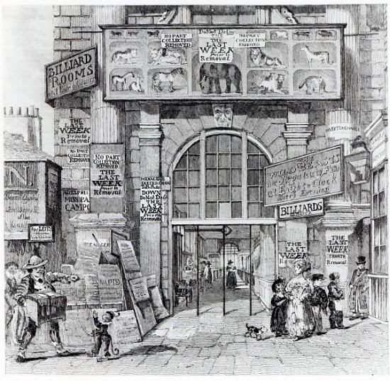 Exeter Change showing the entrance to Edward Cross''s Royal Grand National Menagerie, c.1829 de English School