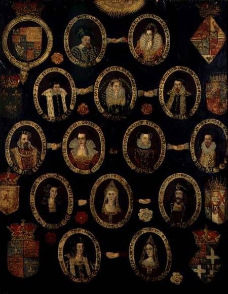 Genealogical chart tracing the Tudor roots of Mary Stuart, Queen of Scots (1542-87) and her son Jame de English School
