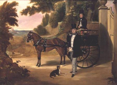 Two gentleman with their trap in a wooded landscape de English School