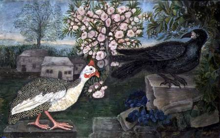 A Guinea Fowl and a Rook in a Landscape de English School