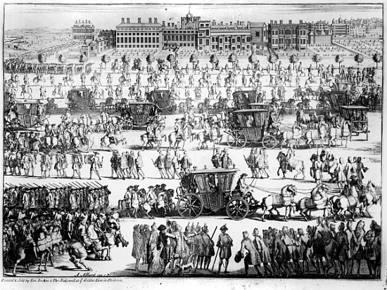 King George I procession to St. James''s Palace, 20th September 1714; engraved by Abraham Allard de English School