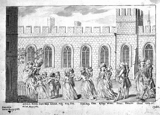 King George III and Queen Charlotte walking in procession with their fourteen children, 1781 (pen &  de English School
