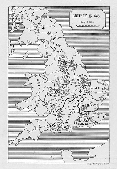 Map of Britain in 658, produced by Stanford''s Geographical Establishment de English School