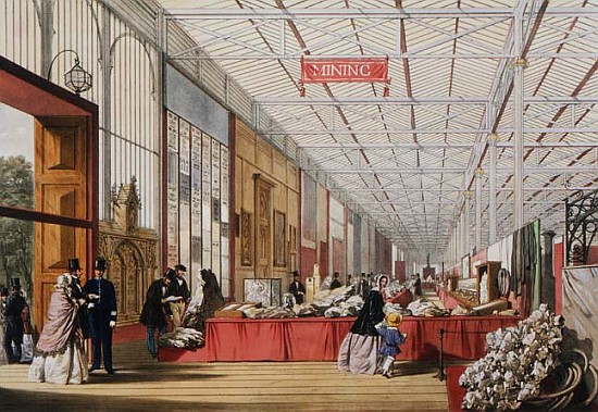 Minerals: Gallery displaying rocks and crystals at the Great Exhibition in 1851, from ''Dickinson''s de English School
