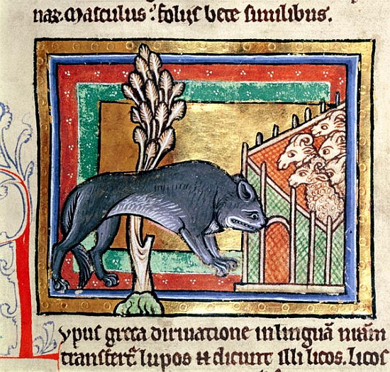 MS Roy 12 C XIX fol.19 A wolf outside a sheep fold, from a bestiary or moralised history, Durham (12 de English School