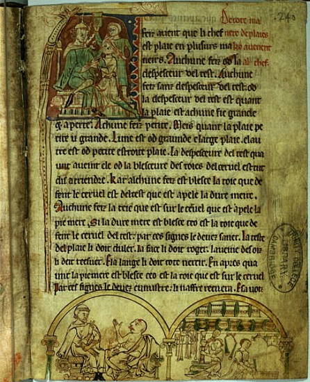Ms.O.1.20.f.241v Jerome: A doctor visiting a patient and an apothecary, from ''De Nominibus Herbraic de English School
