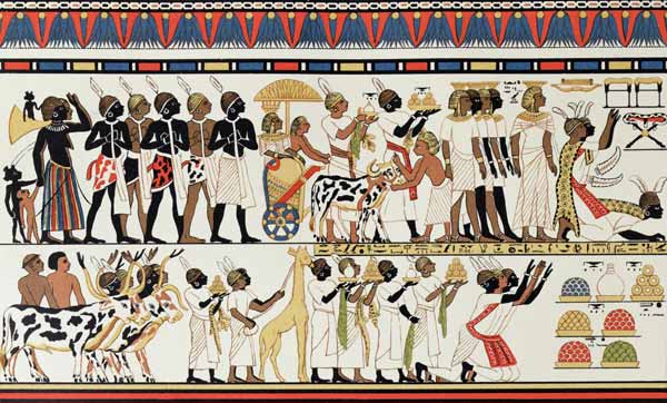 Nubian chiefs bringing presents to the King of Egypt, copy of an Ancient Egyptian wall painting from de English School
