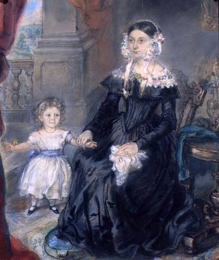 Portrait of a Mother and Young Child in an Interior de English School