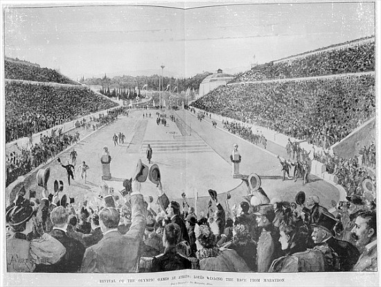 Revival of the Olympic Games in Athens: Loues winning the race from Marathon, 10th April 1896 de English School