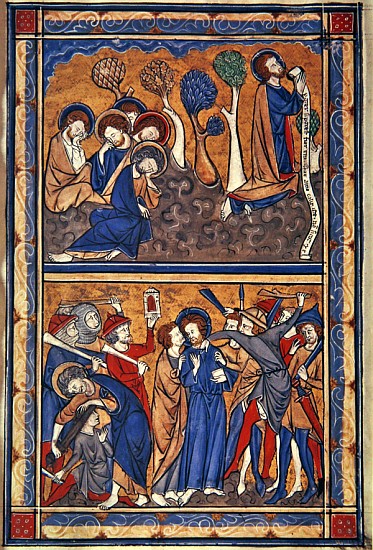 The Agony in the Garden and the Betrayal of Christ, leaf from a psalter, c.1270 (tempera, ink & gold de English School