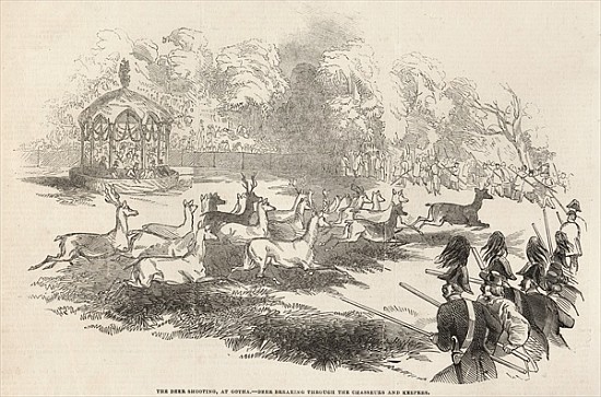 The Deer Shooting at Gotha: Deer breaking through the Chasseurs and Keepers, from ''The Illustrated  de English School