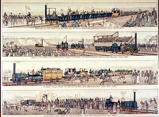 The opening of the Stockton and Darlington railroad, 1825; Locomotive race at Rainhill, near Liverpo de English School