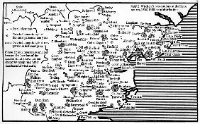 Map showing locations of prosecutions for witchcraft at Assizes in Essex 1560-1680