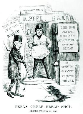 Peel''s Cheap Bread Shop, Opened January 22, 1846'', cartoon from ''Punch'' magazine, c.1846