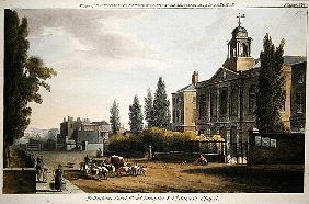 Tottenham Court Road Turnpike and St. James''s Chapel, from ''Ackerman''s Repository of Arts'' publi