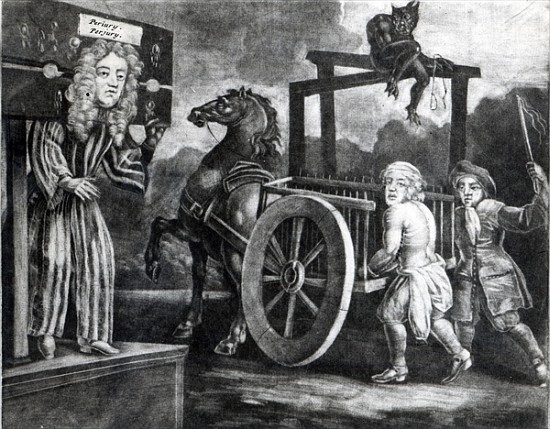Titus Oates on the third day of his punishment in 1685, when he was stripped, tied to a cart and whi de English School